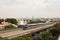 Bangalore, Karnataka India-June 01 2019 : Aerial View Bengaluru metro moving on the bridge near Vijaya Nagara, Bengaluru , India