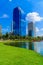 Bangkok city on blue sky with cloud at Benchakitti Park