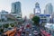 Bangkok cityscape and traffic with illuminated cars and buildings.