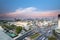 Bangkok Hua Lamphong Railway Station at Twilight. Traffic on the streets. Bird eye view,