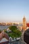 Bangkok riverside form Wat Arun temple, the temple of the dawn, beautiful golden sunset shines down around Chao Phraya River and