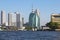 Bangkok skyscrapers from boat on the river Chao Phraya, Bangkok