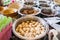 Bangkok, Thailand - April, 11, 2021 :Pork meatballs in a stainless steel pot of a noodle shop at Bangkok, Thailand