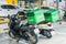 Bangkok, Thailand -August, 04, 2021 : Parked motorcycle has a carrying box for food delivery work at Bangkok, Thailand