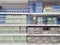 Bangkok, Thailand - August 13, 2019: Row of a variety of bottles of Drinking Water Pack inside supermarket shop at Big C Extra