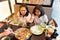 Bangkok, Thailand - August 3, 2017: Asian women Share a meal with friends, Celebrating the holidays.