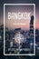 Bangkok, Thailand, the big mango city. Trendy travel design, inspirational text art, night cityscape background. Tourist adventure