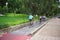 BANGKOK,THAILAND-JULY 23 2019:Cycling sport athlete man and women biking mountain bike and off road bike in park at BANGKOK ,