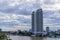 Bangkok, Thailand - July 8, 2017: High rise hotel building at the right-hand side of the `Chao Pra Ya` river in the evening.