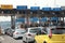 BANGKOK, THAILAND - JUNE 07 2019 : Expressway tollgate, Cars at gate toll payment on expressway, Fee to use the express route,