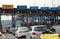 BANGKOK, THAILAND - JUNE 07 2019 : Expressway tollgate, Cars at gate toll payment on expressway, Fee to use the express route,