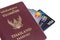 Bangkok, Thailand - June 30, 2017 : Three Credit Card . Visa Card ,Master Card and JCB Card with thai passport on white background