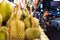 BANGKOK, THAILAND - MARCH 2019: man selling durian fruit at the Chinese night market