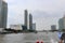 Bangkok, Thailand - May 18, 2019: The landscape skyline at Chao Pra Ya river with boat, pier, tower and skyscrapers  Bangkok Thail