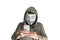 Bangkok, Thailand - May 6, 2018 : A hacker wears a mask wearing a robe. using smartphone theft and attacking data on cyberspace.