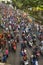 BANGKOK, THAILAND - Motorcycle traffic jam in city centre during celebrate football fans winning AFF Suzuki Cup 2014