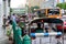 Bangkok, Thailand, September 9, 2019: Tuktuks are waiting for customers during heavy traffic