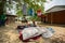 Bangladesh - May 19, 2019: A Rural village Businessman selling cloth and products to hang up on the tree trunk, Meherpur,