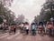 Bangladesh people and rickshaw tricycles driver on Dhaka city busy street