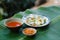 Banh Beo in Phan Thiet style. Banh Beo commonly calls Bloating Fern-shaped cake in English. It is kind of rice cake in small size