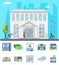 Bank building administrative commercial house business finance money check count icons set flat design vector