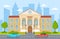 Bank building. Government house, financial office exterior with columns on street in cityscape. Banking service cartoon