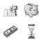 Bank, business schedule, bundle of notes, time money. Money and Finance set collection icons in monochrome style vector