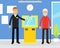 Bank Consultant Helping Senior Man Character Getting Cash with ATM Machine Vector Illustration
