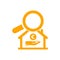 Bank, home house, hand , search , location , business bank location search orange icon