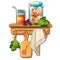 Bank with honey, eggs, greens, cutting board, towel. Collection of household utensils on wooden shelf and hanger. Vector