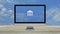 Bank icon on desktop modern computer monitor screen on wooden table over blue sky with white clouds, Business banking online