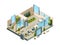 Bank isometric. Modern building interior office open space banking lobby service room for managers vector 3d low poly