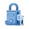 Bank lock or strongbox and businessman hold coin,safe deposit to the bank