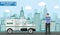 Bank security concept. Detailed illustration of armored car and security guard on background with cityscape in flat