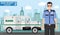 Bank security concept. Detailed illustration of armored car and security guard on background with cityscape in flat