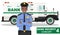 Bank security concept. Detailed illustration of bank armored car and african american security guard on white background