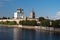 Bank of the Velikaya river. Installation `Russia begins here`. Pskov Kremlin in the morning. Trinity cathedral, Pskov