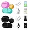 A bank of vitamins, a flask with a solution and other equipment.Medicine set collection icons in cartoon,black style