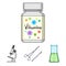 A bank of vitamins, a flask with a solution and other equipment.Medicine set collection icons in cartoon style vector