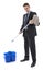 Banker or businessman with bucket and mop