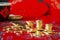 Banking and finance concept, Golden coins isolated on red background