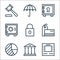 Banking and finance line icons. linear set. quality vector line set such as atm machine, bank, pie chart, price tag, lock, vault,