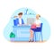 Banking, inscription bank, man at table in office, joyful female client, credit finance, design cartoon style vector