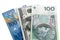 Banknotes of 100 dollars, polish zloty and swiss franc