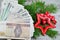 Banknotes on Christmas gifts - Christmas shopping