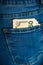 Banknotes close up, money in a jeans pocket. Dollars stick out of the jeans pocket, finance and currency concept. Concept of