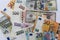 Banknotes of different countries background, top view