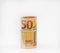 Banknotes fifty 50 euros in a roll with an elastic band. European currency to save. Close-up, white background. The concept of the