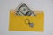banknotes in a yellow envelope. open envelope with banknotes on a light background. envelope with banknotes. close up of