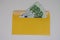 banknotes in a yellow envelope. open envelope with banknotes on a light background. envelope with banknotes. close up of